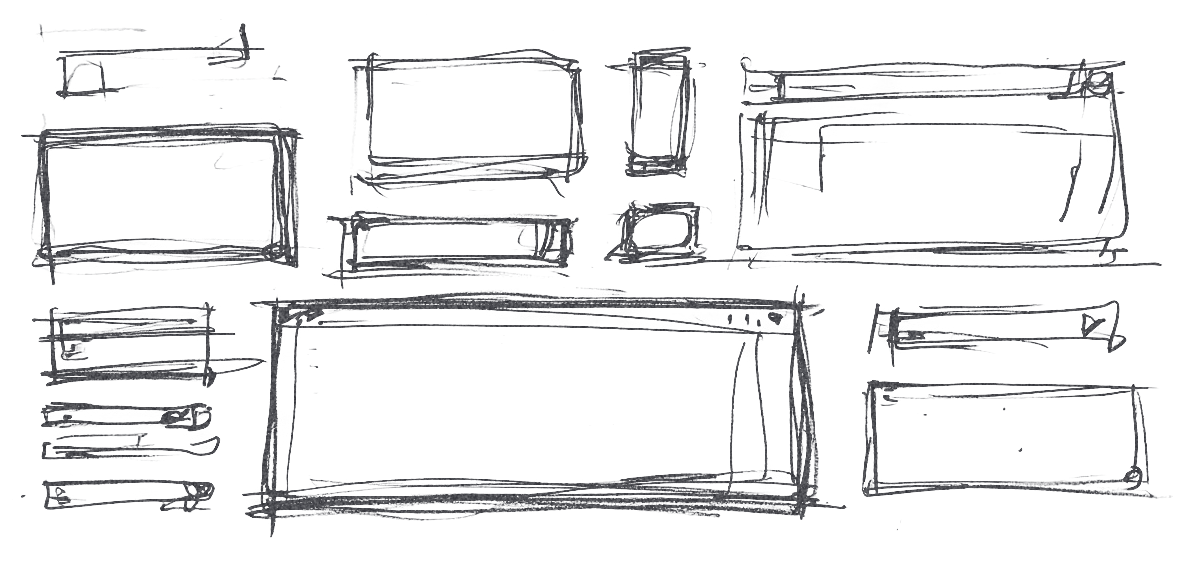 Pencil sketches of a dozen throwaway interfaces: windows, panels, bars and inputs.